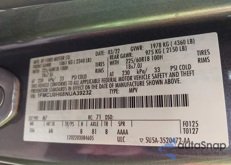 2022 Ford Escape Sel z USA, uszkodzony, nr VIN 1FMCU0H68NUA39232